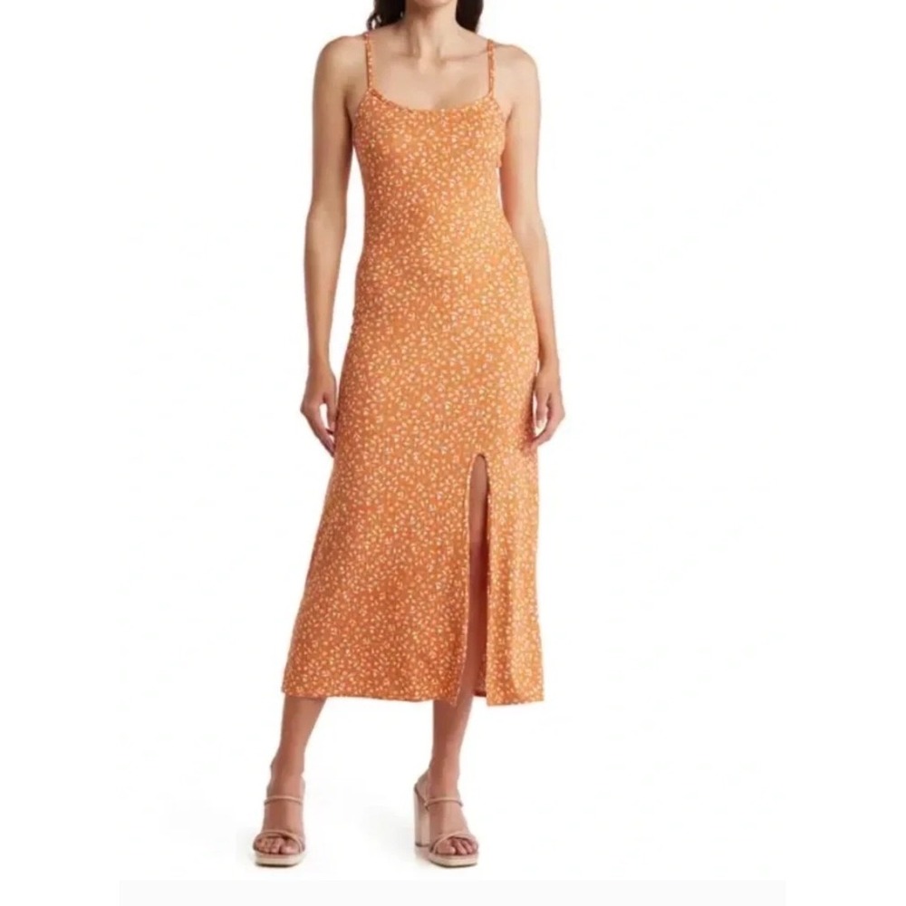 Orange Floral Ribbed Midi Dress Sleeveless Side Slit Small boho cottage Y2K reso